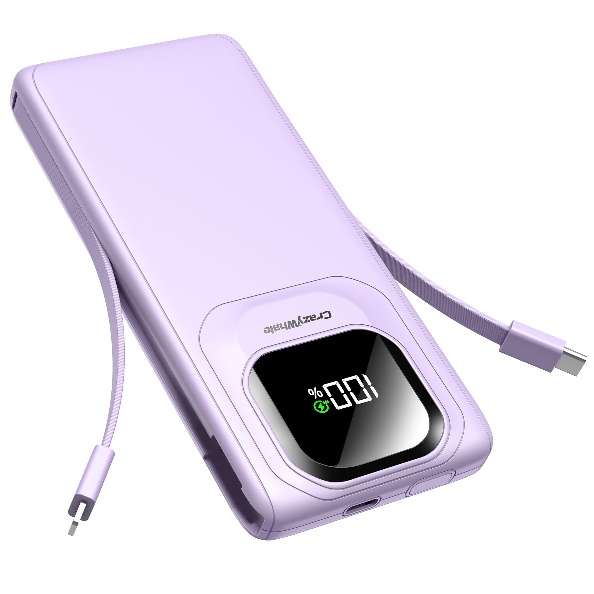 Portable Charger Power Bank with Built-in Type C Cables, 22.5W Fast Charging 10000mAh Phone Charger, Travel Battery Pack Slim Battery Bank with LED Display for iPhone, Android & USB-C (Purple)