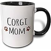 3dRose (mug_154105_4) Corgi Dog Mom - Doggie by breed - brown muddy paw prints love - doggy lover - proud mama pet owner - Two Tone Black Mug, 11oz