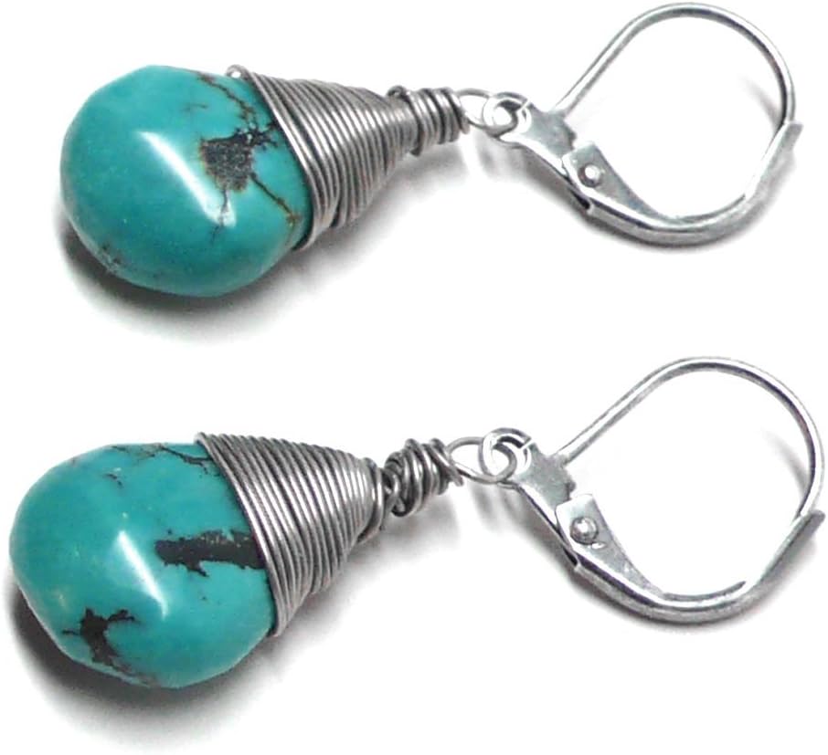 Turquoise Teardrop Wire-Wrapped Lever Back Earrings Antique Silver-Tone