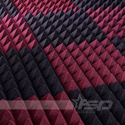 12x12x2 (12 Pack) Burgundy/Charcoal Acoustic Pyramid Sound Proofing/Treating Studio Foam Tiles