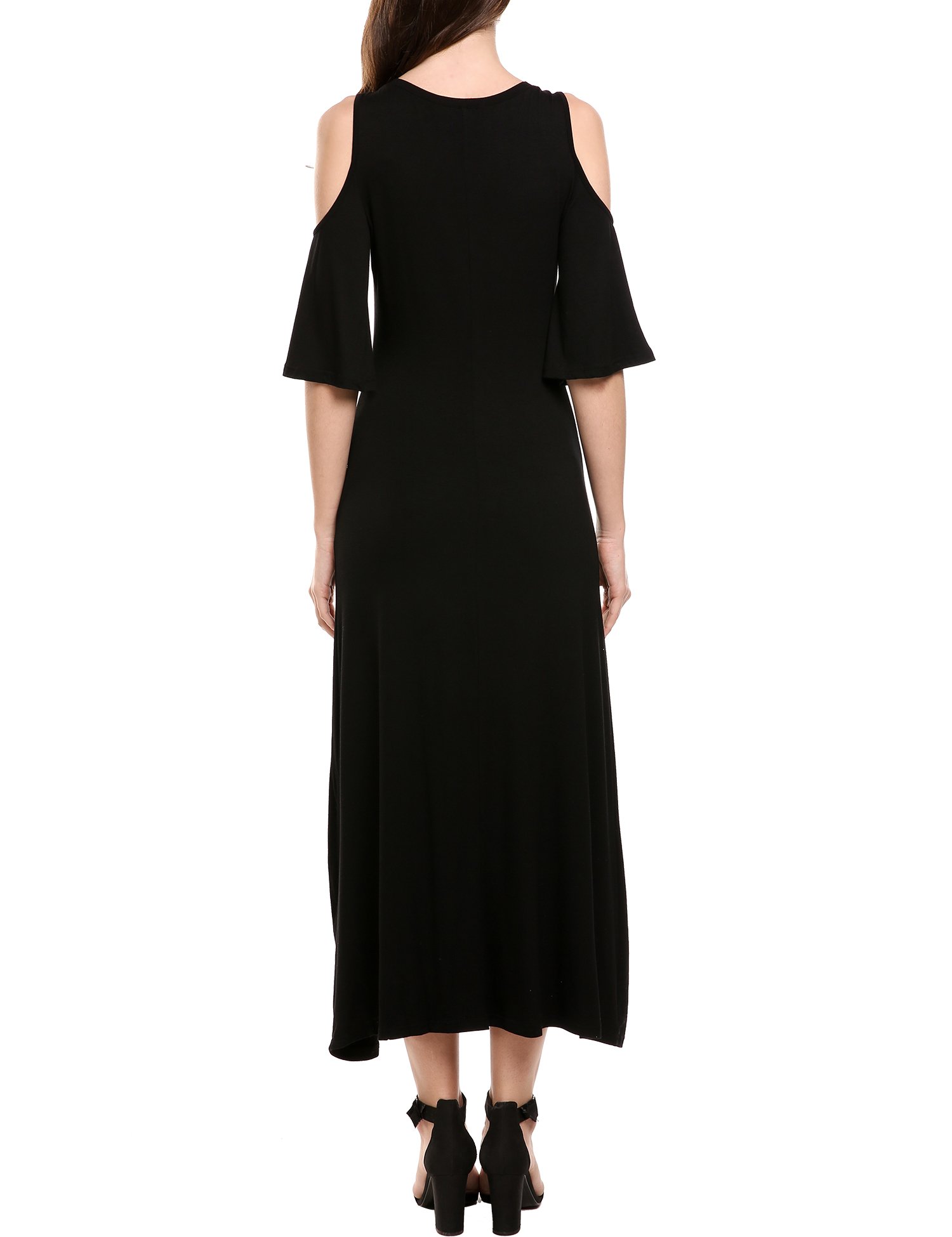 Elesol Women\'s Cold Shoulder Round Neck Ruffle Sleeve Maxi Dress Black S