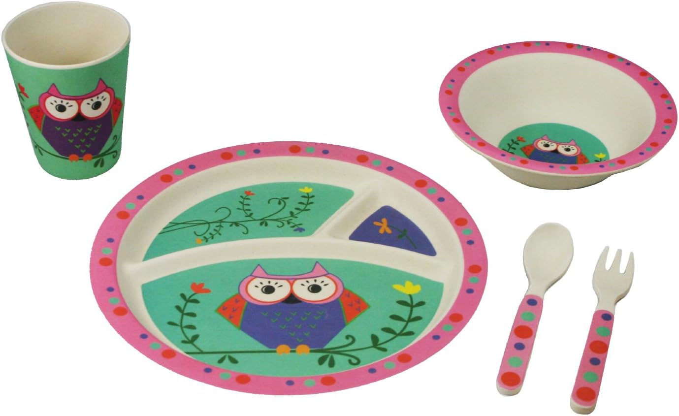 EcoBamboo Ware Kid's Owl Dinnerware Set with Tumbler, Pink/Green/Brown