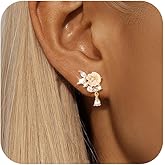 FUNYCHEN 925 Sterling Silver Pearl Flower Leaf Stud Earrings for Women 14K Gold Plated Dainty Statement Cluster CZ Shell Pearl Dangle Earing to Daughter Wedding Prom Birth Valentine's Day Jewelry Gift