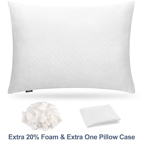 Super White Adjustable Shredded Memory Foam Pillow For Sleeping Hypoallergenic Bamboo Pillow Neck Support For Back Stomach Side Sleeper 2 Washable