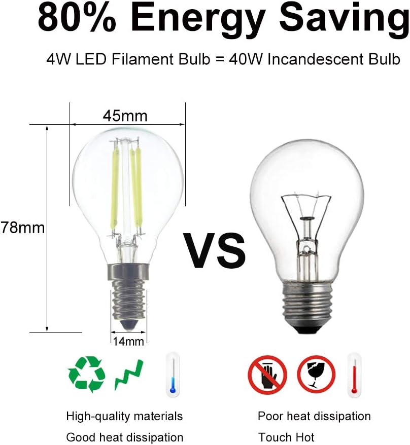 ZFQ 6 Pack 4W E14 G45 Small Edison Screw LED Filament Bulb, Non-dimmable, 400LM, Cold White 6500K - Image 3