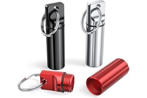 TECQACH Small Portable Pill Box Keychain (3 Pack), Aluminium Alloy Mini Pill Organizer Case Container for Purse,Waterproof Metal Pill Holder Medicine Bottle for Outdoor Camping Travel(Black+Silver+Red)