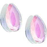 Pierced Owl Teardrop Shaped Iridescent Glass Faceted Double Flared Plugs, Sold as a Pair