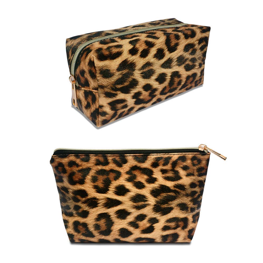 2pcs Cosmetic Bag Travel Makeup Bag PU Leather Small Waterproof Toiletry Bag Makeup Organizer with Zipper(Leopard Print)