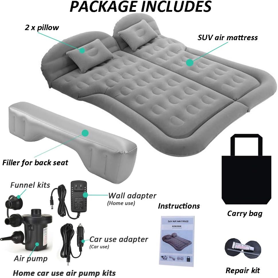 SAYGOGO SUV Air Mattress Camping Bed Cushion Pillow - Inflatable Thickened Car Air Bed with Electric Air Pump Flocking Surface Portable Sleeping Pad for Travel Camping Upgraded Version - Gray: Kitchen & Dining