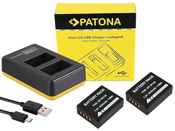 3in1-SET Ladegerät und 2 Akku für die Fujifilm X-T100 / T100 | mit LCD Ladeanzeige | Ersatzakku für Fuji NP-W126s / NP-W126 | mit jedem Micro-USB Kabel/Ladegerät zu verwenden