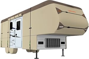 Umbrauto 5th Wheel RV Cover 7 Layers Top 3 Layers Side Waterproof Camper Cover for 40' to 44' Fifth Wheel Trailer with 4 Trailer Tire Covers, Tongue Jack Cover,Gutter Cover and Extra Windproof Ropes