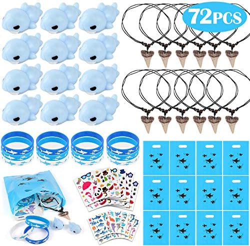 JoyJon 72pcs Shark Party Favor Supplies Pack- Shark Sooth Necklace-Shark stickers-Shark Gift Bags-Rubber Wristbands Bracelet-Shark Tattoos-Shark Squishies Toys for Shark Party Kids Birthday Party