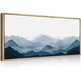 Blue Framed Mountain Landscape Wall Art Fog Mountain Painting Wall Decor for Bedroom Living Room Office Decor 20x40 Inch