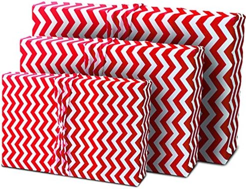 Gift Wrap Set - Stretchy Fabric, Reusable and Eco Friendly - Red and White Chevron (3 in Size Medium) Stretches Over Different Shapes and Sizes