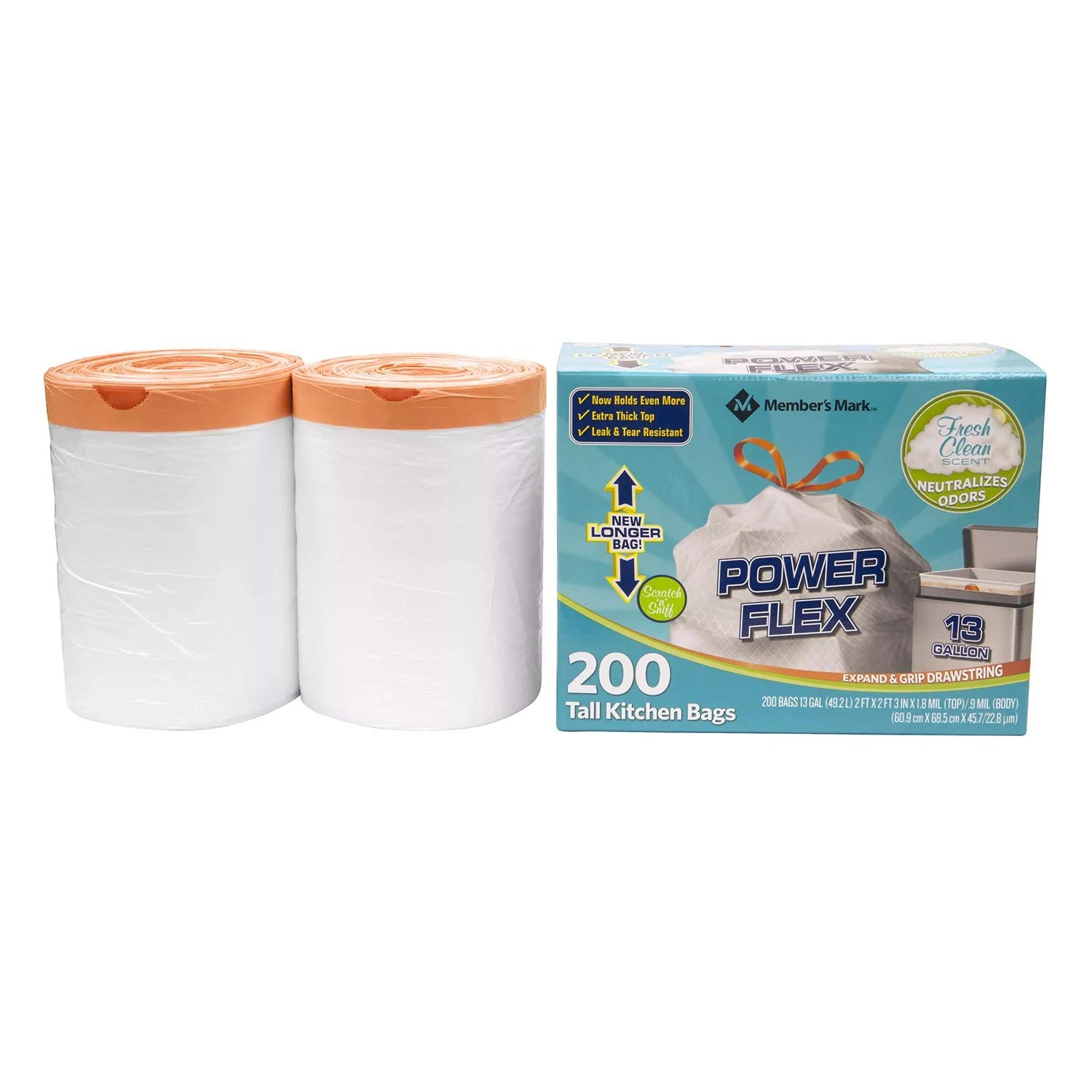 Members Mark 13 Gal Power Flex, Leak Protection, Tall Kitchen Simple Fit Drawstring Bags (1 Pack, Fresh Clean Scent), 1count