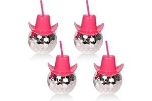 ZHURUININ 4Pcs Disco Ball Pink Cowgirl Hat Cups with Straws Cowboy Western Party Supplies, Single Girl Party Supplies (4 PCS)…