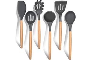 E-far Cooking Utensils Set of 6, Silicone Kitchen Utensils with Wooden Handle, Non-stick Cookware Friendly & Heat Resistant, 