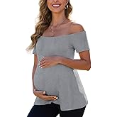 Women's Off The Shoulder Maternity Tops 2025 Trendy Summer Short Sleeve T Shirts Slim Pregnancy Shirts