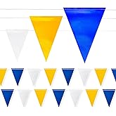Safety Warning Pennant Banner Flags – Multipurpose OSHA High Visibility Colored Triangle Flags for Roadwork, Party and Hazard Areas(BLUE+WHITE+YELLOW,45pcs,105FT)