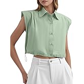 Tankaneo Womens Sleeveless Button Down Shirts Casual Loose V Neck Pad Shoulder Crop Tank Top