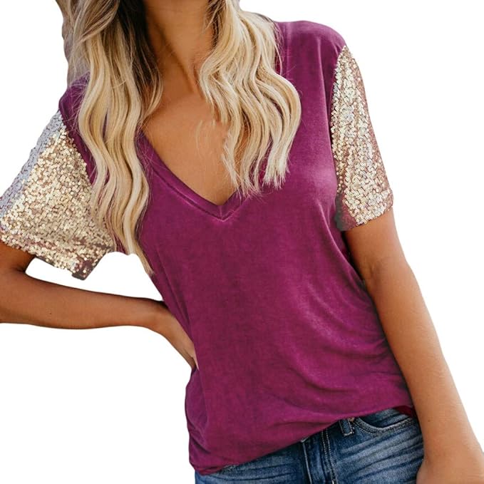 iHENGH Damen Top Bluse Lässig Mode T-Shirt Frühling Sommer Bequem Blusen Frauen V Ausschnitt Kurzarm Stehen heraus Pailletten