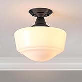 BinoBro Schoolhouse Light Fixture, 12 Inch Black Finish with Milk Glass Semi Flush Mount Ceiling Light, Ceiling Light Fixture