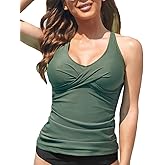 Fanuerg Tankini Top Only Twist Front Bathing Suit Tops for Women Tummy Control Tank Tops V Neck Swimsuit Top No Bottom