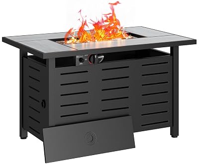 Aoxun 42" Propane Fire Pit Table Ceramic Top, 60000 BTU Outdoor Patio Heater with Lava Rocks, Rectangle Gas Fire Pits for Outside Patio with Removable Lid, Black