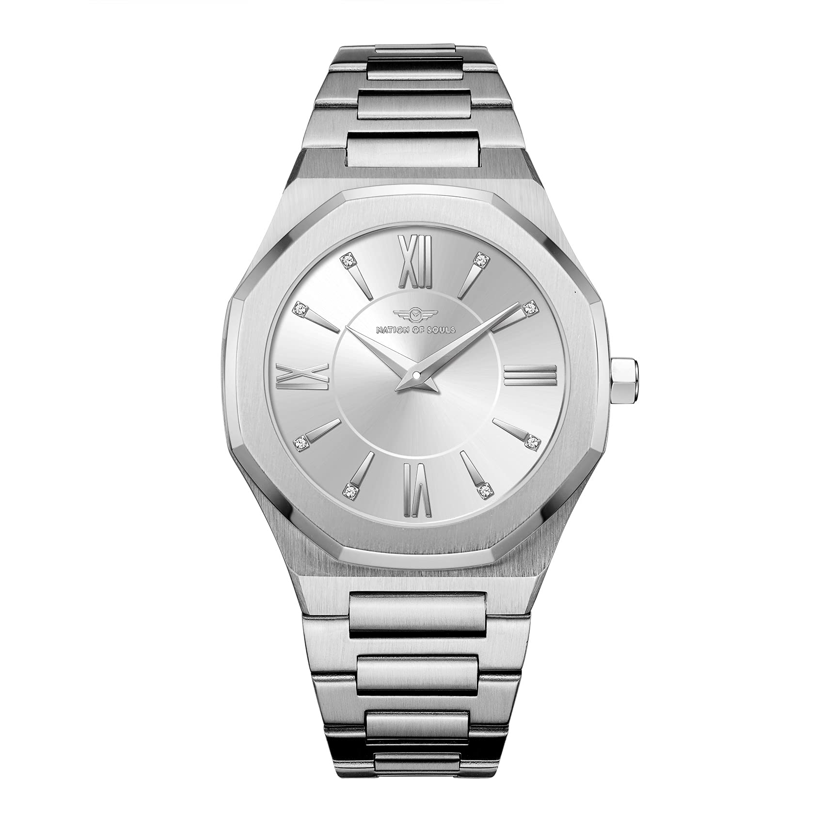 Nation of Souls Livia Collection Womens Silver 34mm Stainless Steel Case and Link Bracelet British Designed Ladies Watches