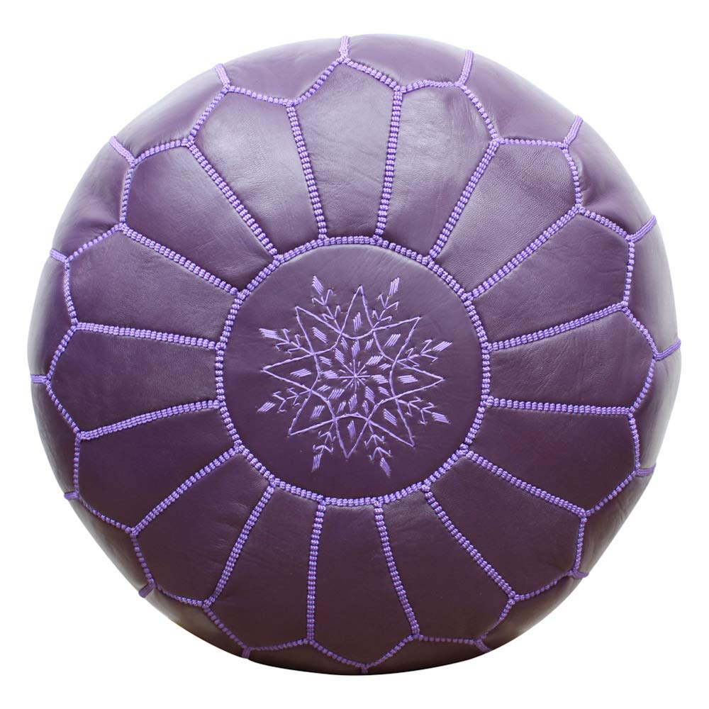 ESSENCE OF MOROCCO Moroccan Pouffe Pouf Footrest Footstool Ottoman Real Leather Purple Handmade Hand-stitched with Embroidered Design (COVER ONLY)