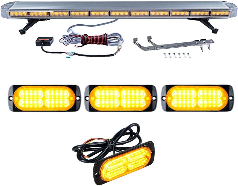 Set 1pc 51" 96-LED 96W Emergency Warning Security & 4pcs Super Thin 20 LED Construction Hazard Dash Grille mini Strobe Light Bar Tow Truck Respone (AMBER)