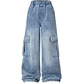 Nivne Tco Tween Boys Cargo Jeans, Casual Elastic Waist Denim Pants Baggy Wide Leg Trousers with Pockets