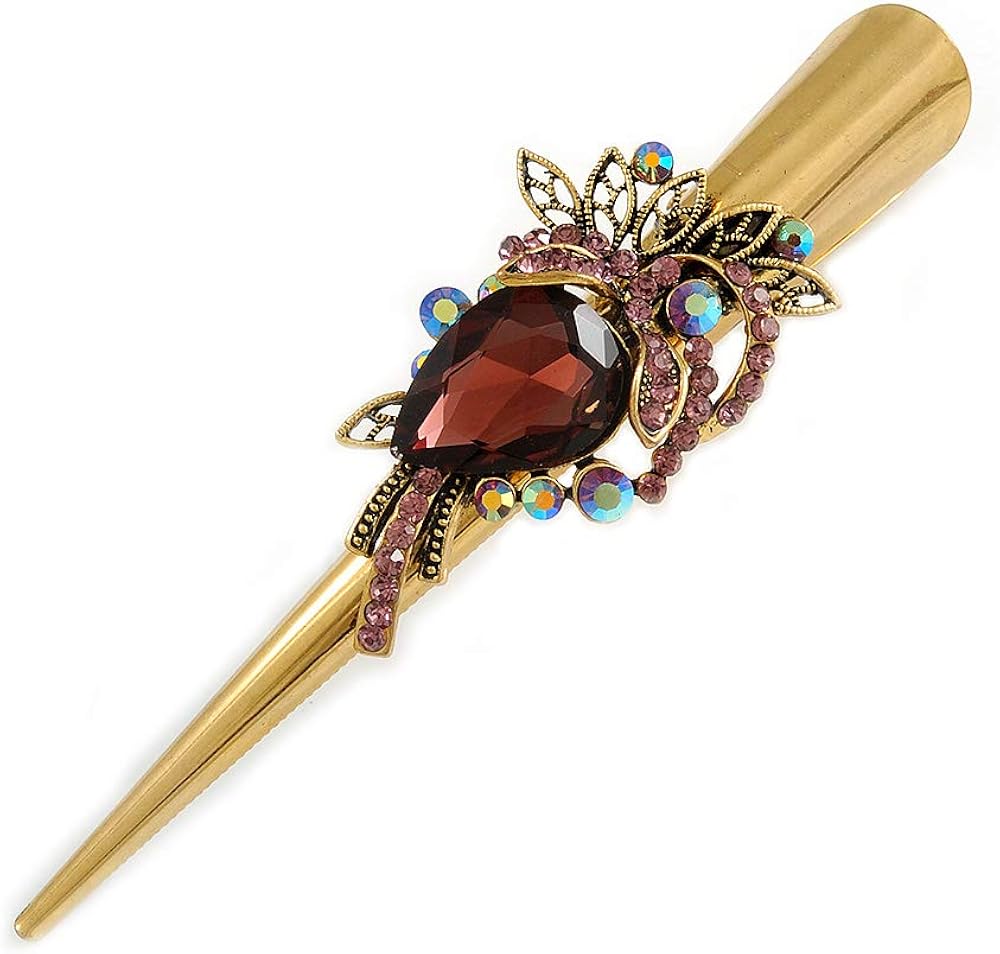 Long Vintage Inspired Gold Tone Plum Purple/Ab Crystal Floral Hair Beak Clip/Concord/Crocodile Clip - 13.5cm L