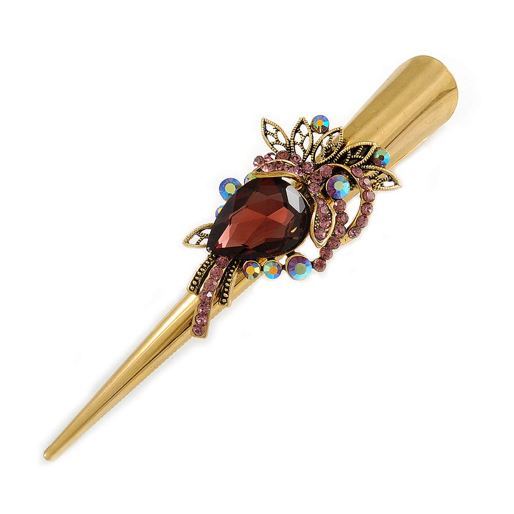 Long Vintage Inspired Gold Tone Plum Purple/Ab Crystal Floral Hair Beak Clip/Concord/Crocodile Clip - 13.5cm L