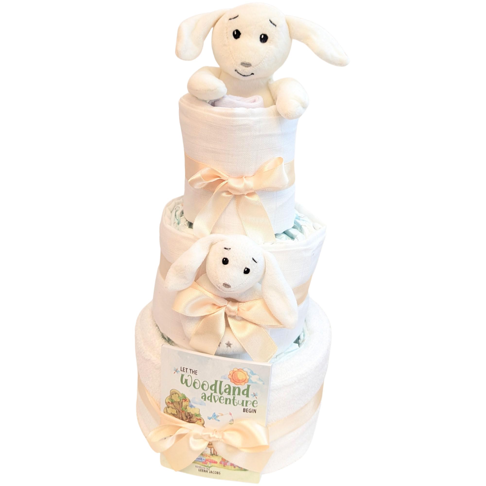 3 Tier New Baby Gift Hamper Organic Bunny Nappy Cake New Parents Essential Newborn Gifts Unisex Boy Girl White