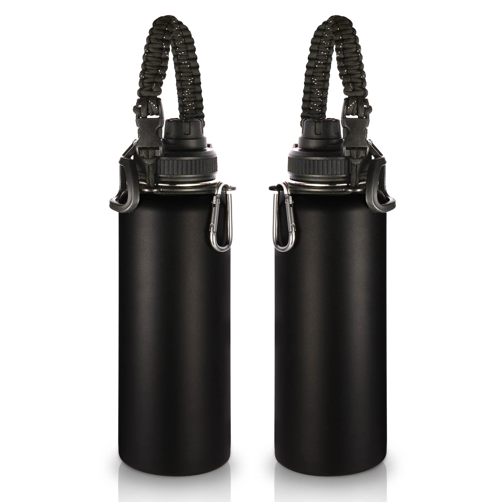 Volhoply Insulated Water Bottles Bulk 2 Pack, 1200ml Stainless Steel Sports Bottle with Paracord Handle & Spout Lid,Metal Travel Water Cups with Wide Mouth,Reusable Big jug for Adults(Black,2 Set)