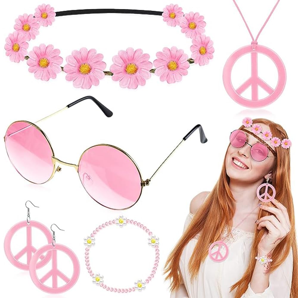 mefound 6 Pcs Hippie Costume Accessories Set,60s 70s Hippy Dressing Accessory Women Supplies Fancy Glasses Peace Sign Necklace Earrings wristband and Hippie Headband — image 1