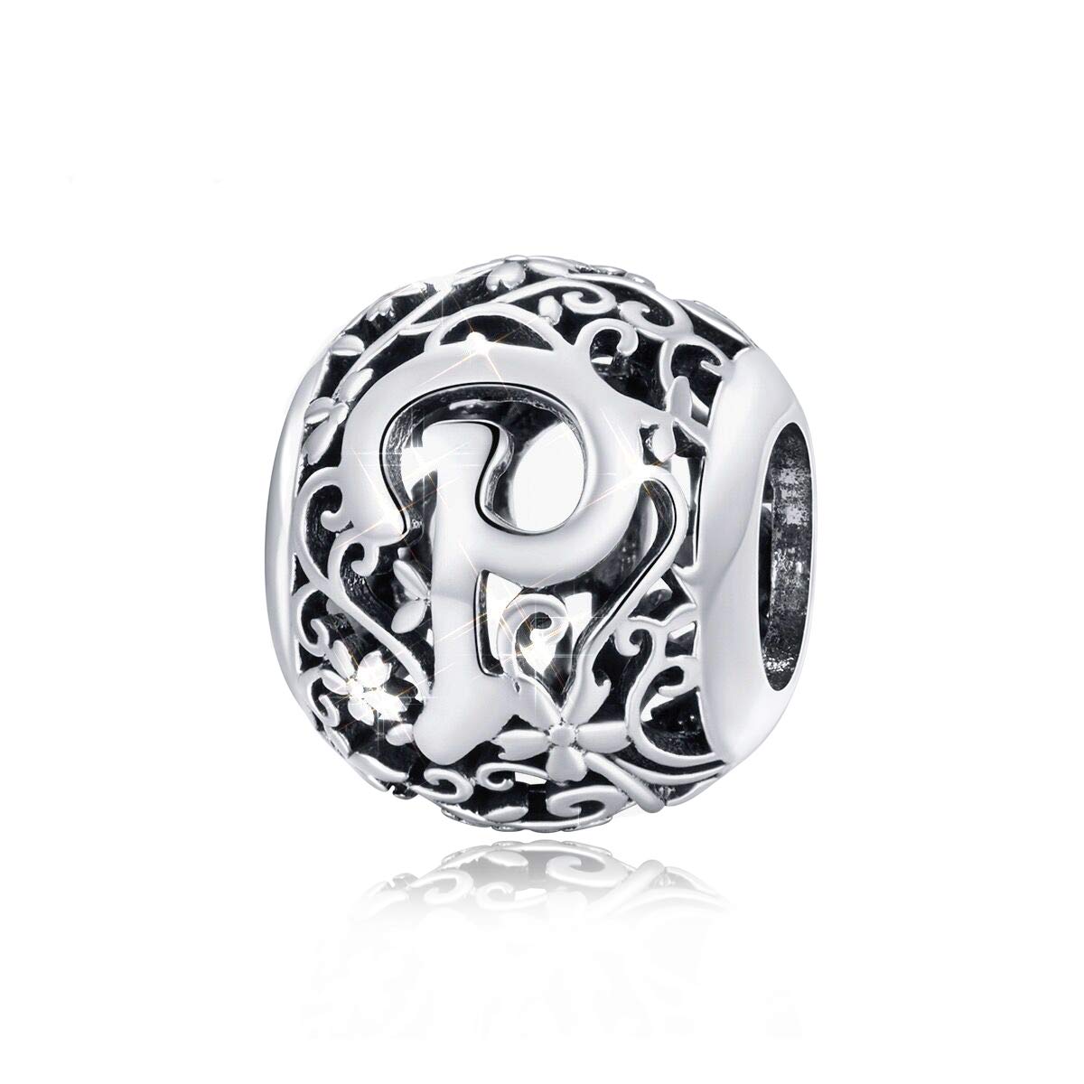 sam panda Letter Charm Initial A-Z Alphabet Charm 925 Sterling Silver Charms Dangle Charm for Bracelet Fits European Necklace Compatible Mothers Day Gift With Box (P)