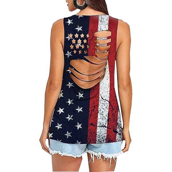 Women Casual American Flag Pattem Sleeveless T-Shirt Hollow