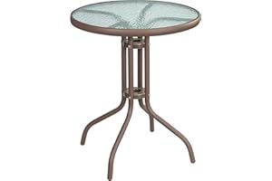 WELNOW Love & Peace 24" x 24" Outdoor Bistro Table Metal Round Patio Side Table Outdoor Coffee Table Furniture Garden Backyard Dining Table, W/Elegant Water Ripple Glass Table Top, Brown