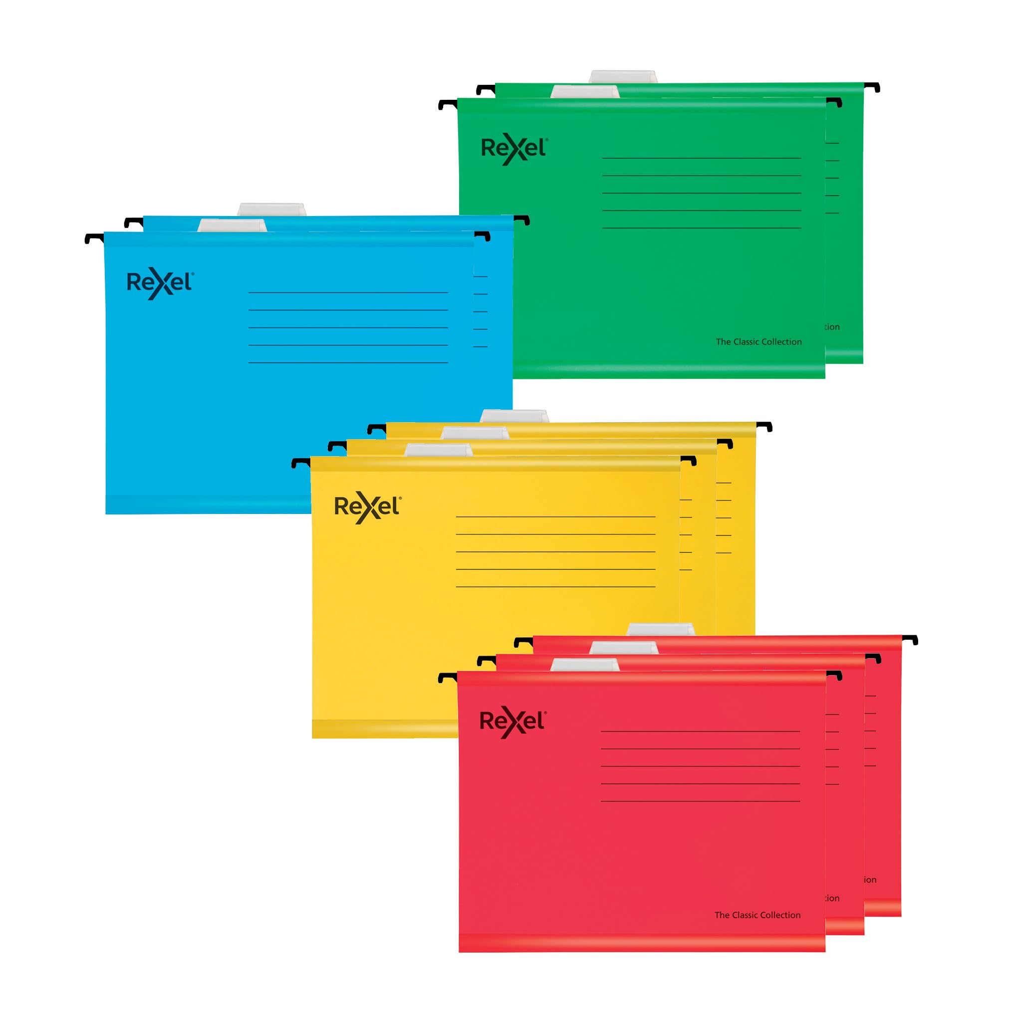 Rexel Classic A4 Reinforced Suspension Files for Filing Cabinets, 15 mm V base, 100 Percent Recycled Card, Assorted Colours, Pack of 10, 2115585
