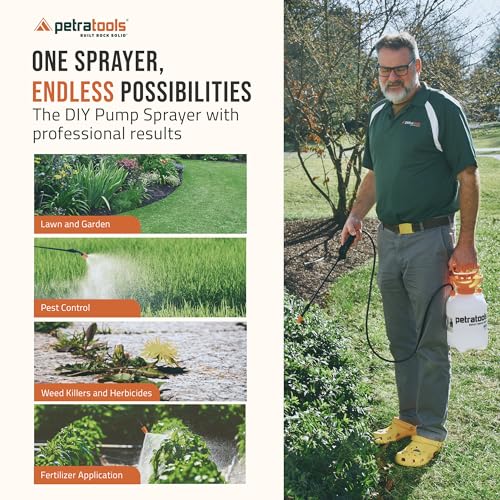 PetraTools HD101 Garden Pump Sprayer, 52-in Long Hose & 2 Nozzles, 1 Gallon | Weed Sprayer 1 Gallon w/ Easy Carry Handle & Built-In Filters - For Watering, Fertilizing, Rock Glue, Mulch Glue Applications