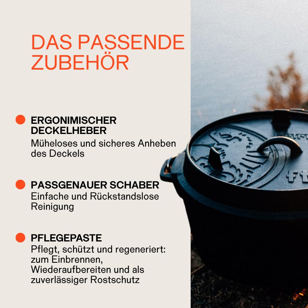 Petromax Feuertopf ft9-t Einsteiger-Set - Dutch Oven mit planen Boden inklusive Deckelheber, Pflegepaste und Schaber - für alle Grillarten und offenes Feuer - 7,5 Liter 4