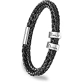 ShineSand Personalized Mens Leather Bracelet with Custom Beads, Customized Braid Leather Bracelet Engraved with Names for Men