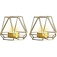 2 Pcs Metal Hexagon Shaped Geometric Design Tea Light Votive Candle Holders, Iron Hollow Tealight Candle Holders for Vintage Wedding Home Decoration, Gold (S + S)