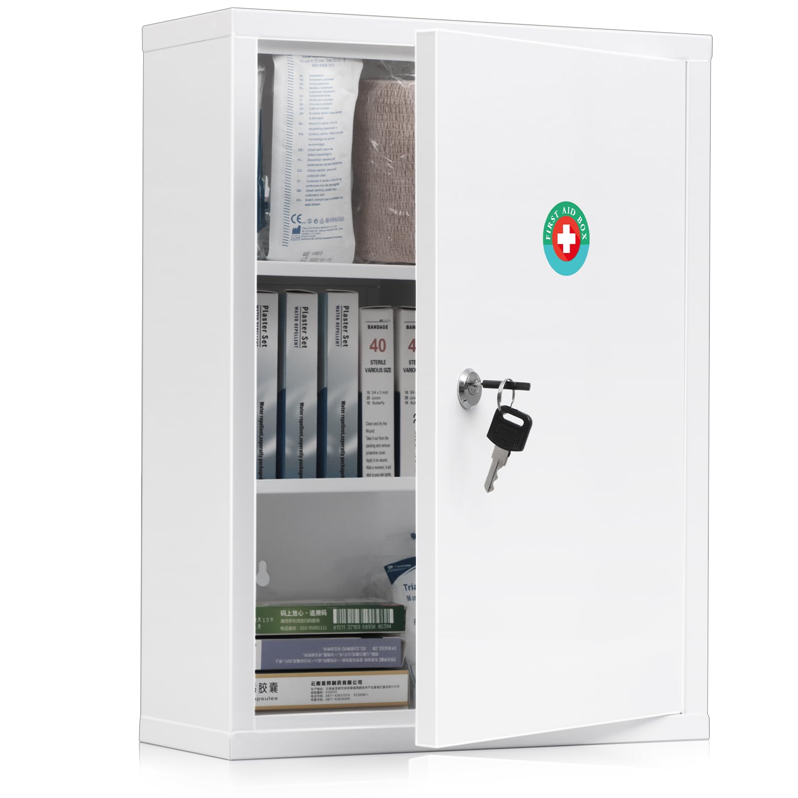 Photo 1 of KYODOLED Wall Mount Locking Medicine Cabinet, Large Capacity First Aid Cabinet for Bathroom, Medicine Cabinet with Key, Secure Steel Lock Box for Medication, 15.75" H x 11.82" W x 4.72" D, White