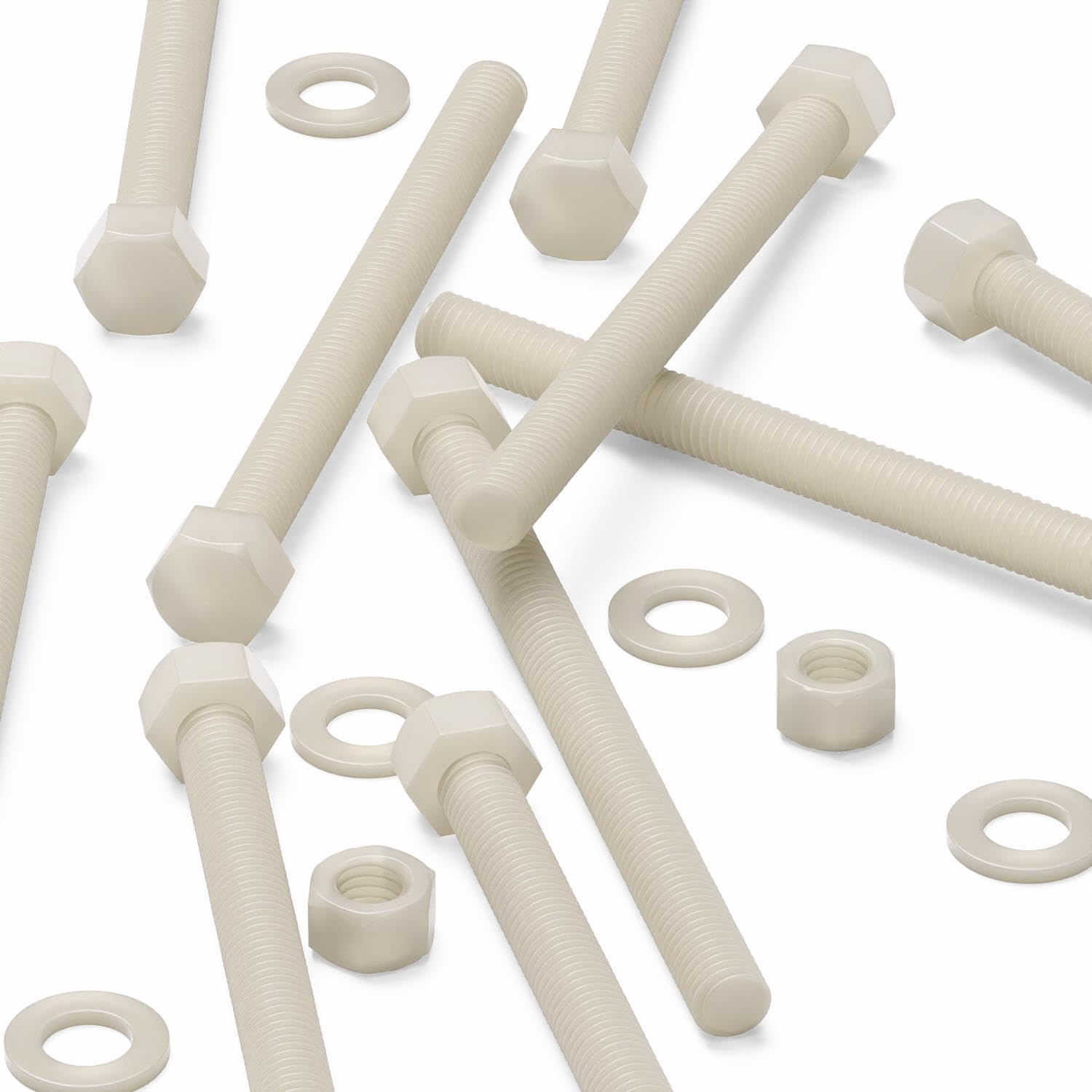5X Natural Nylon Hex Head, M12 x 150mm, Plastic Nuts and Bolts, Washers, Hexagon, Nylon