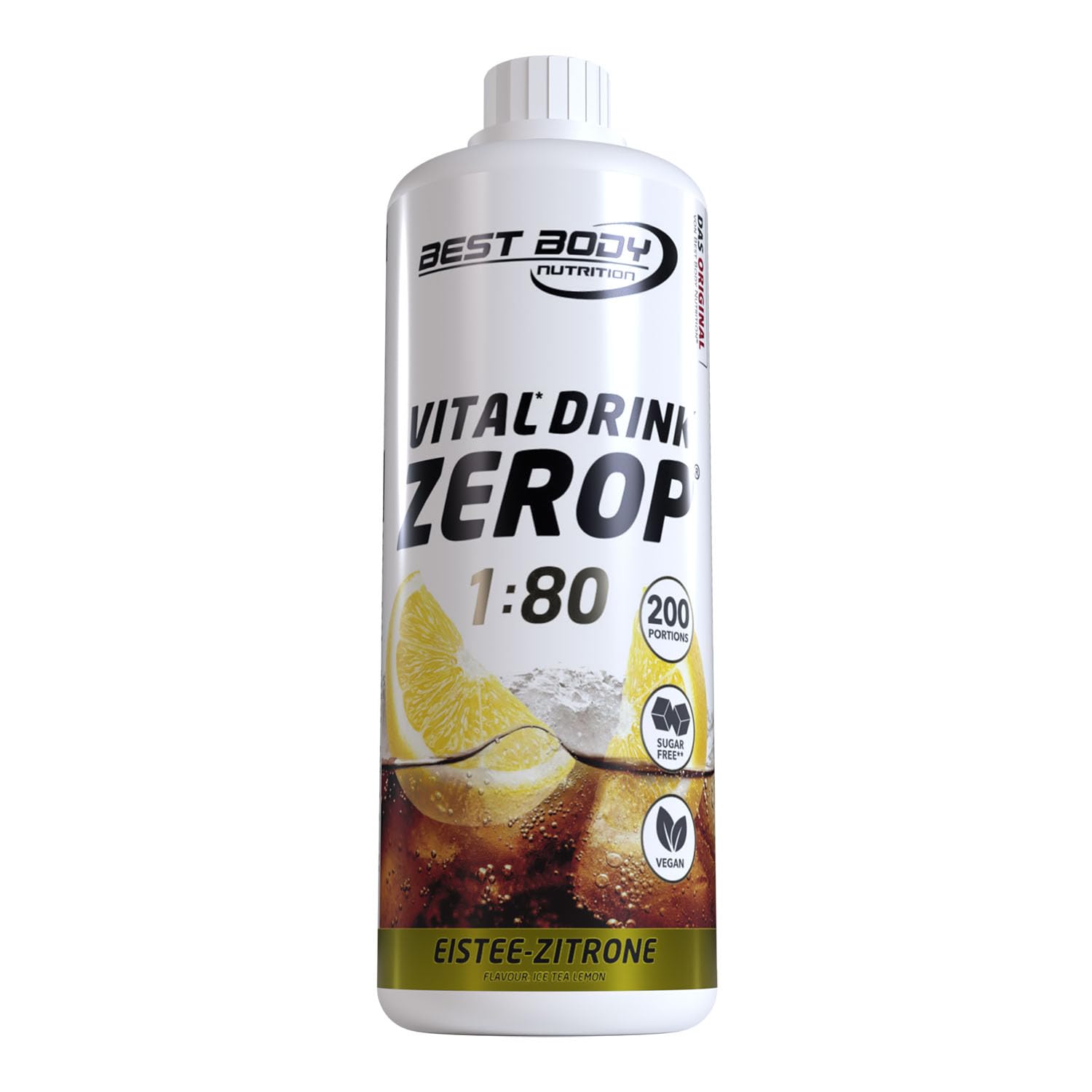 Best Body Nutrition ZEROP Vital Zuckerfreies Getränkekonzentrat Sirup Eistee-Zitrone Ohne Aspartam 1 L ergibt 80 L Getränk Fitness Drink mit Vitaminen B1 B6 Niacin Kalorienarm Wassersprudler