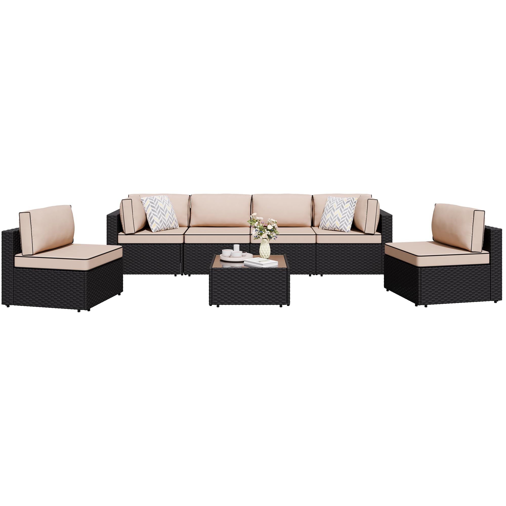 Photo 1 of ** PARTIAL SET ** Shintenchi 7 Pieces Outdoor Patio Sectional Sofa Couch, Black Wicker Furniture Conversation Sets with Washable Cushions & Glass Coffee Table for Garden, Poolside, Backyard (Khaki)