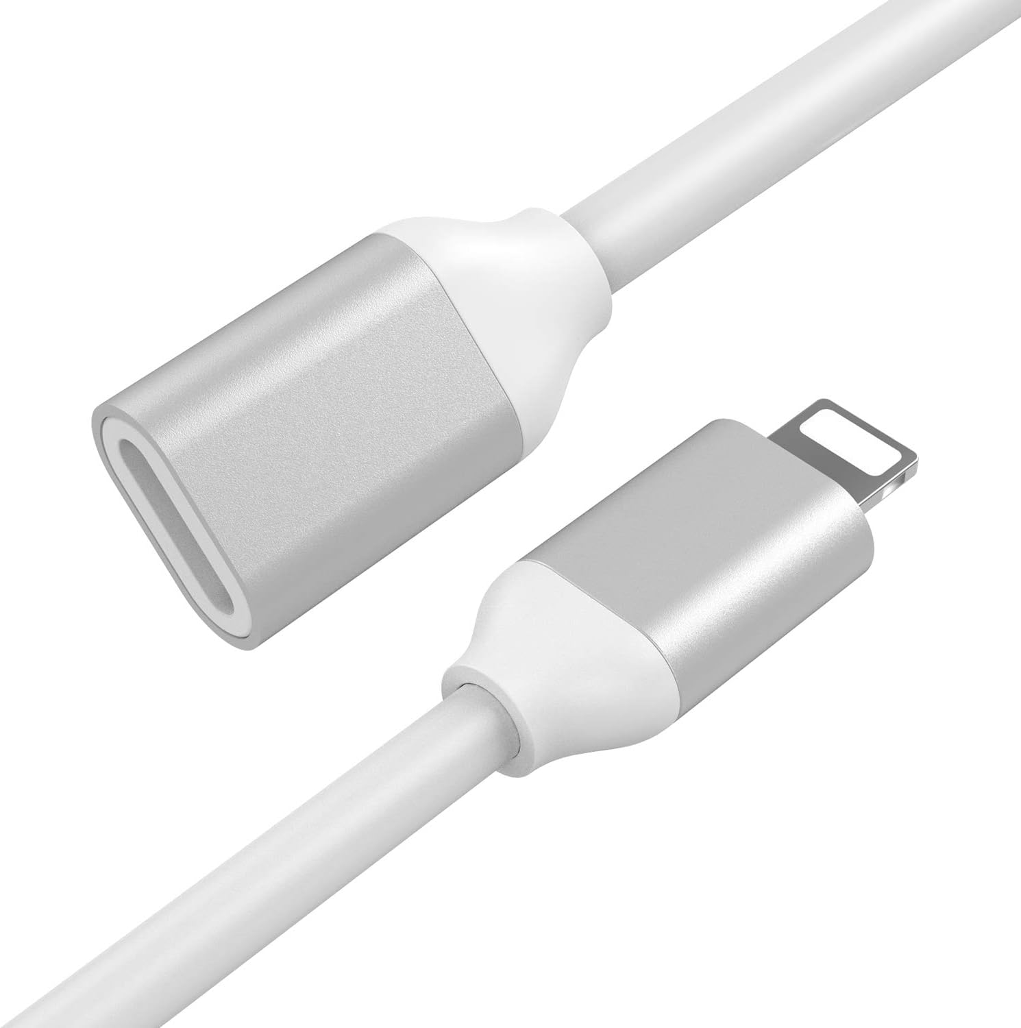 EMATETEK Extension Connector Cable Female to Male Transfer Video Audio Music Picture Data and Charging. 1PCS Male to Female Extender Cord Made of White TPE and Sliver Aluminum. (6.6 Ft / 2M)